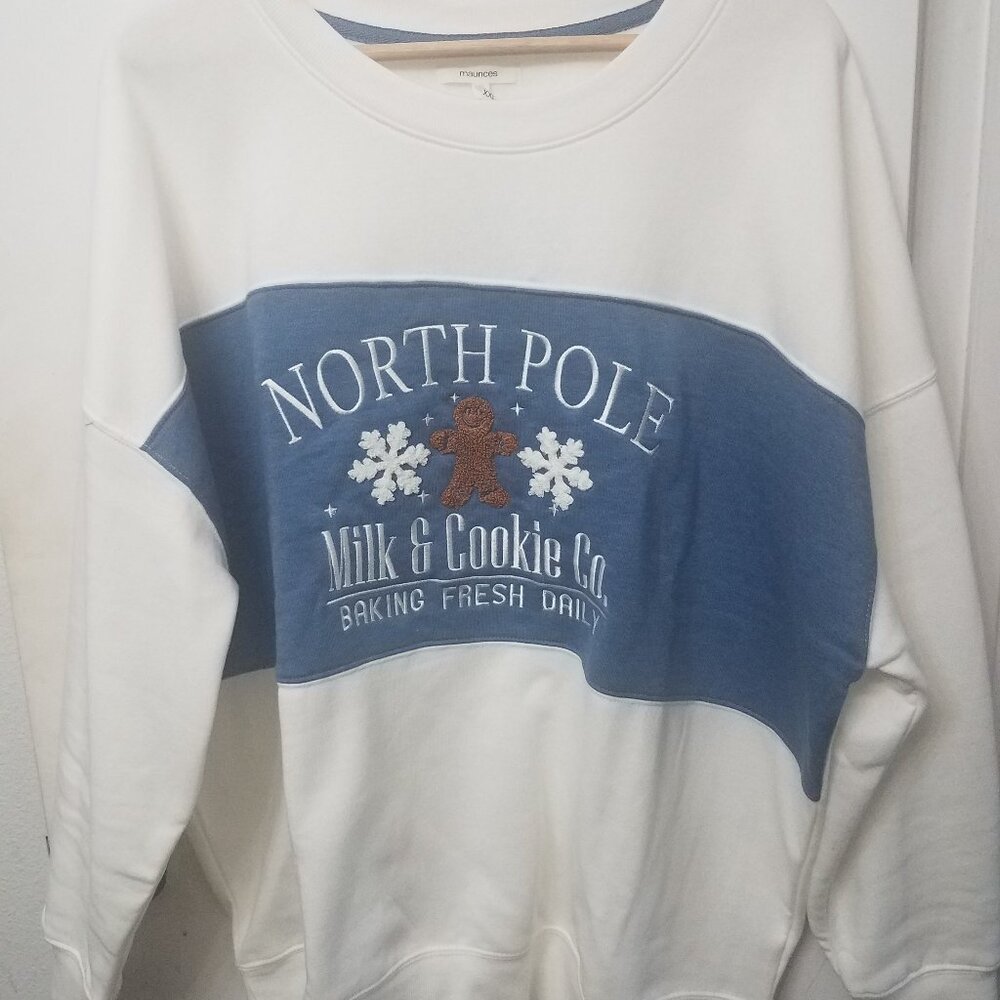 Maurices North Pole With Gingerbread Man Blue And White Holiday Sweatshirt